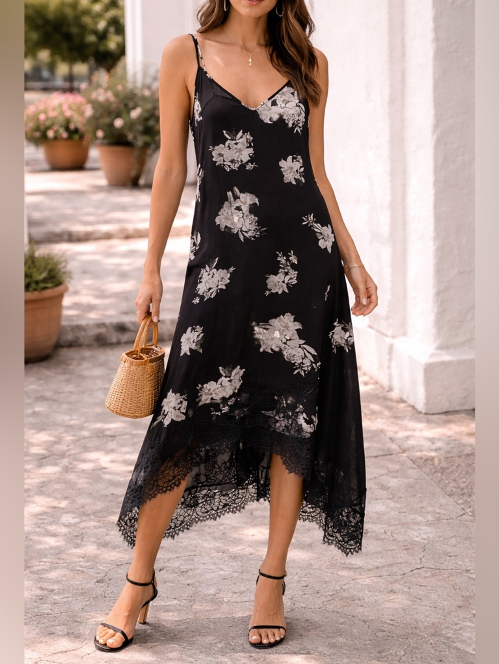 BB Dakota Black Floral Satin Slip Dress Lace Trim Asymmetrical Hem Size Small